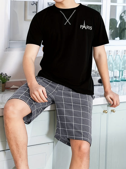 2 Pcs Mens Pajama Sets - Stylish Letter Pattern Short Sleeve T-Shirts & Soft Plaid Shorts, Gentle Style for Relaxed Fit, Ultra-Soft Fabric, Perfect for Mens Summer Lounging and Relaxation, Ideal Cozy Loungewear for Warm Weather