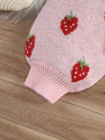 Cozy Strawberry Jacquard Knit Long Sleeve Sweater for Girls - Soft V-Neck Pullover Design, Cute and Stylish, Perfect for Casual Wear - Winter Fashion Essential