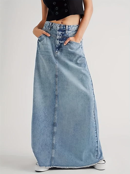 xieyinshe  Raw Hem Slash Pocket Loose Fit Denim Skirt, Vintage Style A-line Maxi Denim Skirt, Women's Denim Jeans & Clothing