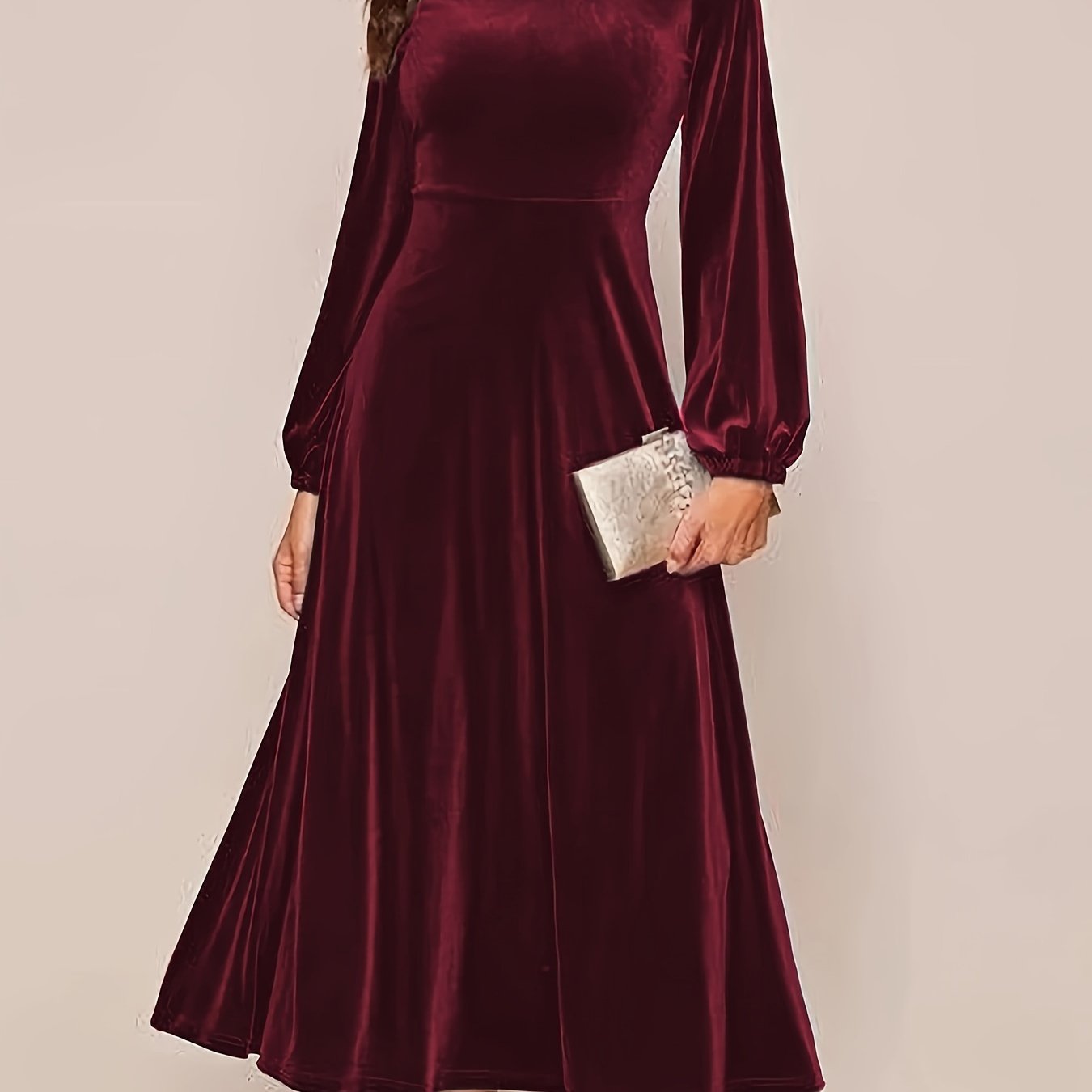 xieyinshe Plus Size Elegant Dress, Women's Plus Solid Velvet Lantern Sleeve Round Neck Dress