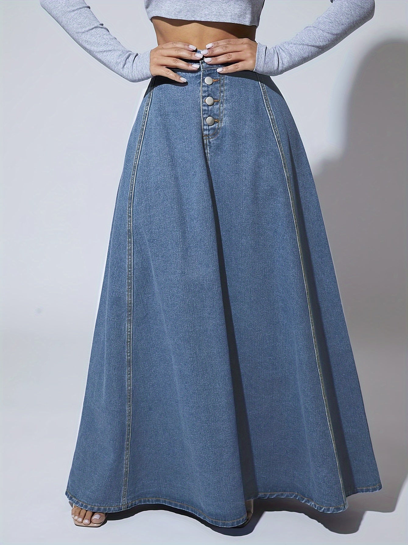 xieyinshe Single-Breasted Plain Maix Flare Denim Skirt, High Rise Washed Blue Retro Denim Skirt, Women's Denim Jeans & Clothing