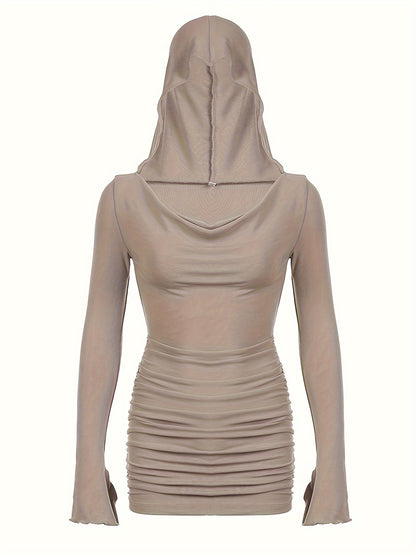 Cowl Neck Hooded Dress, Elegant Solid Long Sleeve Mini Dress, Women's Clothing