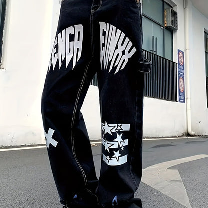 xieyinshe  Letter Print Hip Hop Style Baggy Jeans, Men's Kpop Casual Vintage Street Style Denim Pants