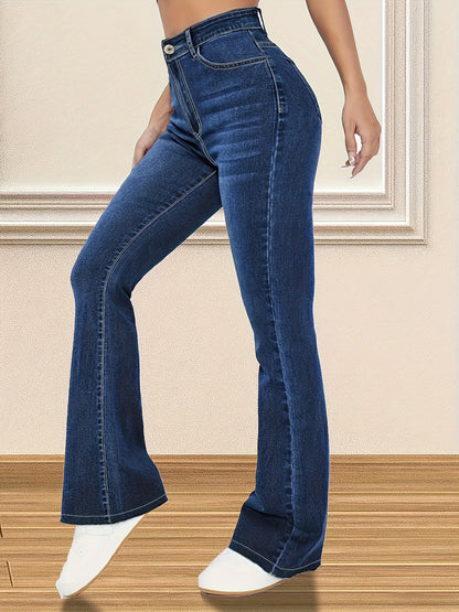 xieyinshe  Plain Blue Whiskering Stylish Flare Leg Jeans, High Rise Stretchy Stylish Denim Pants, Women's Denim Jeans & Clothing