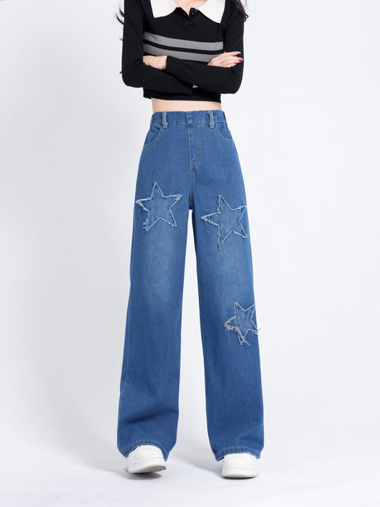 xieyinshe  Star Patchwork Wide Leg Jeans For Girls, Casual Versatile Straight Denim Trousers