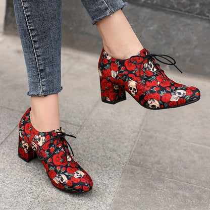 xieyinshe  Women's Skull & Rose Pattern Chunky Heels, Fashion Lace Up Outdoor Pumps, Halloween Round Toe Heels