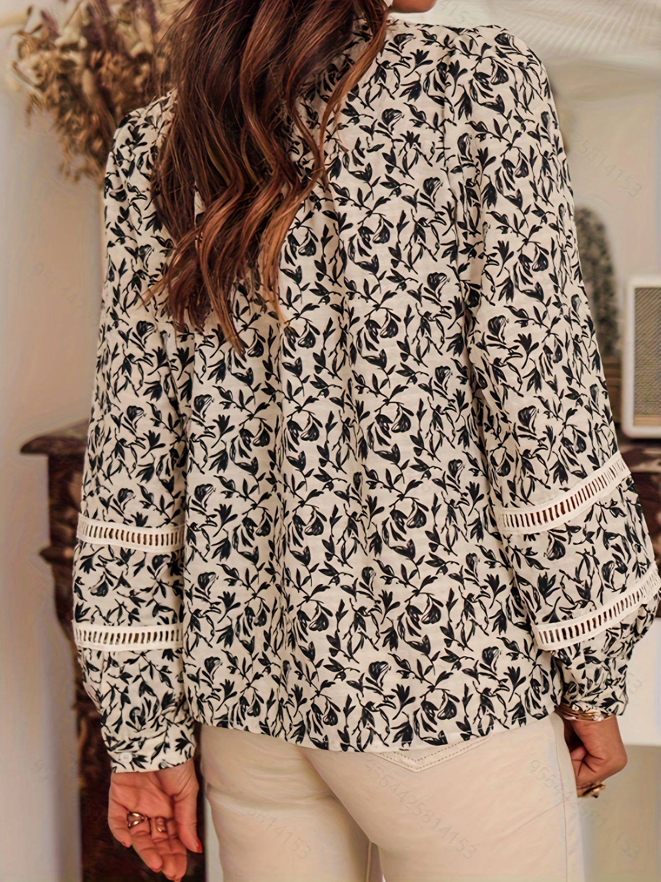 Floral Print Button Front Blouse, Casual Lantern Long Sleeve Blouse, Women's Clothing