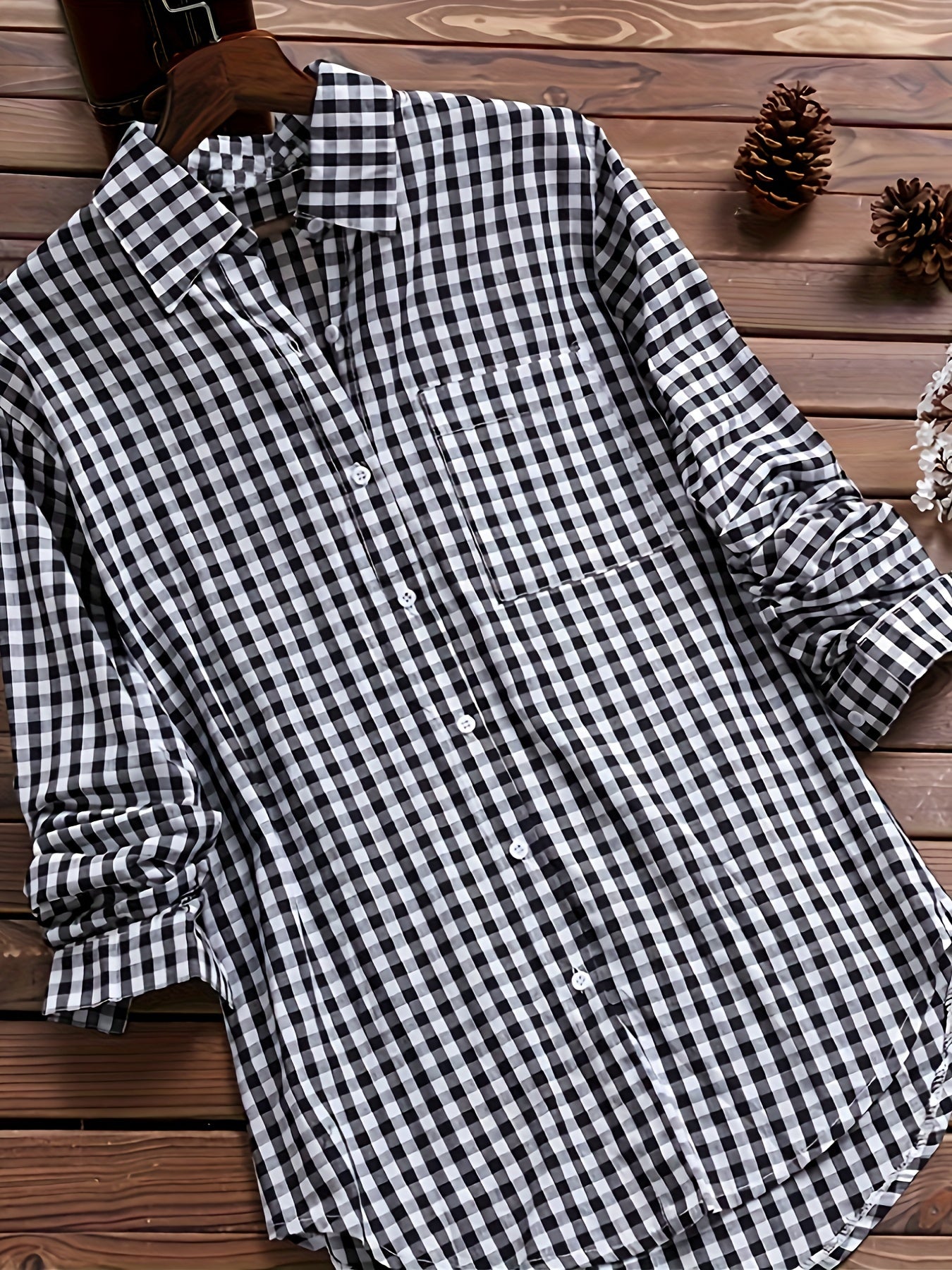 Gingham Print Classic Shirt, Vintage Button Front Long Sleeve Shirt With A Collar, Women's Clothing