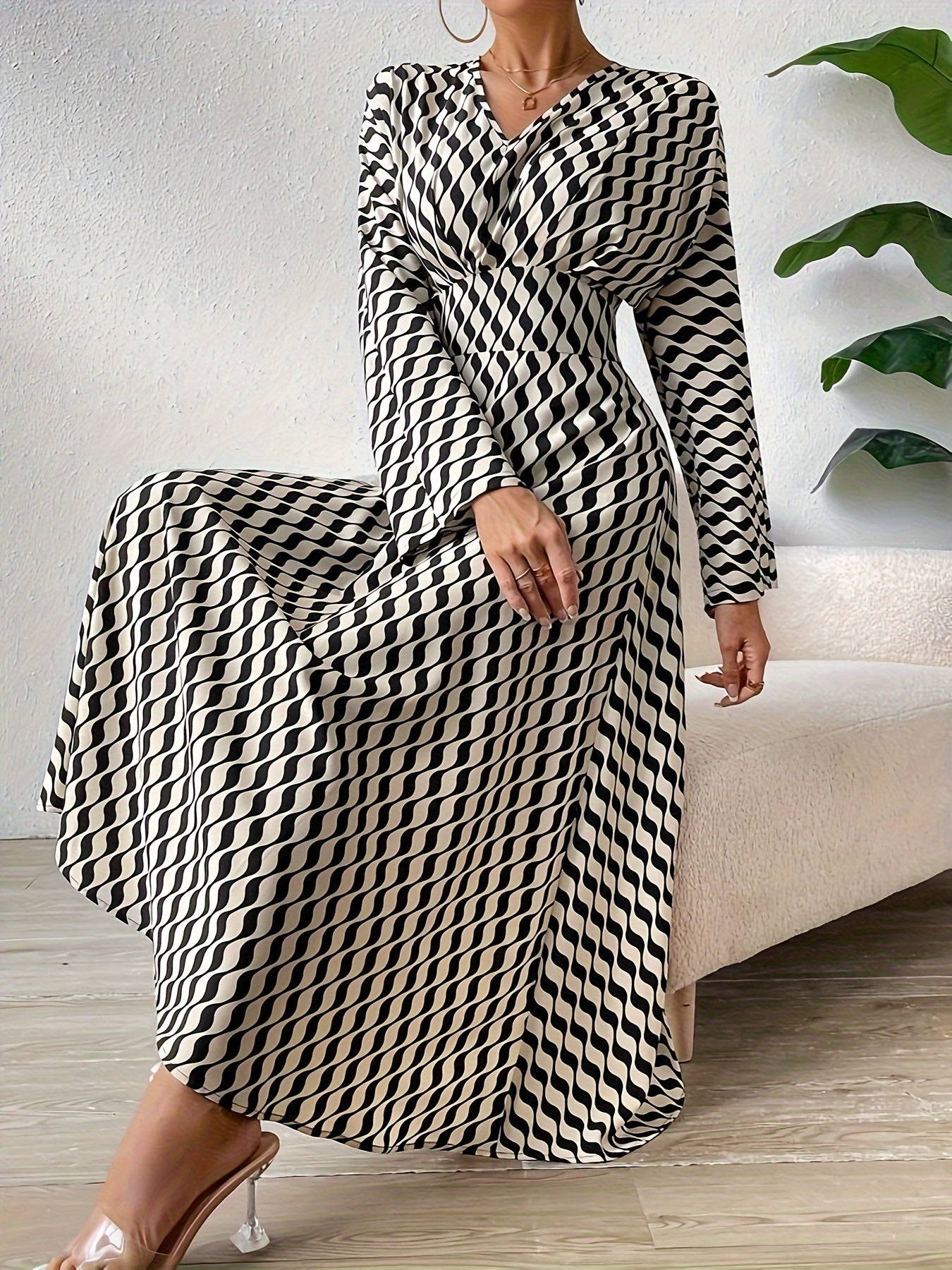 xieyinshe Striped Print High Waist Dress, Casual V Neck Long Sleeve Maxi Dress, Women's Clothing