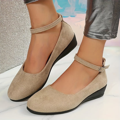 Women's Solid Color Casual Shoes, Ankle Buckle Strap Shallow Mouth Daily Shoes, Lightweight Wedge Soft Shoes