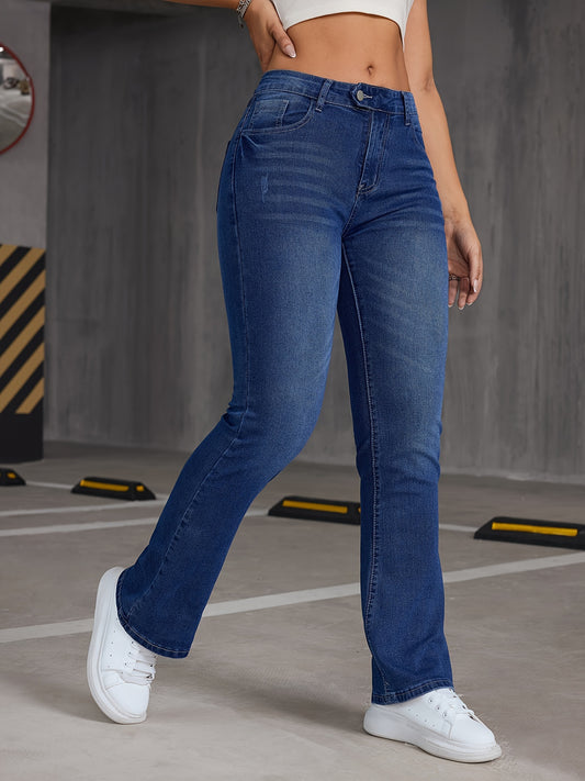 xieyinshe  Asymmetric Button Slant Pocket Bootcut Jeans, Stretchy Washed Blue Whiskering Flare Denim Pants, Women's Denim Jeans & Clothing