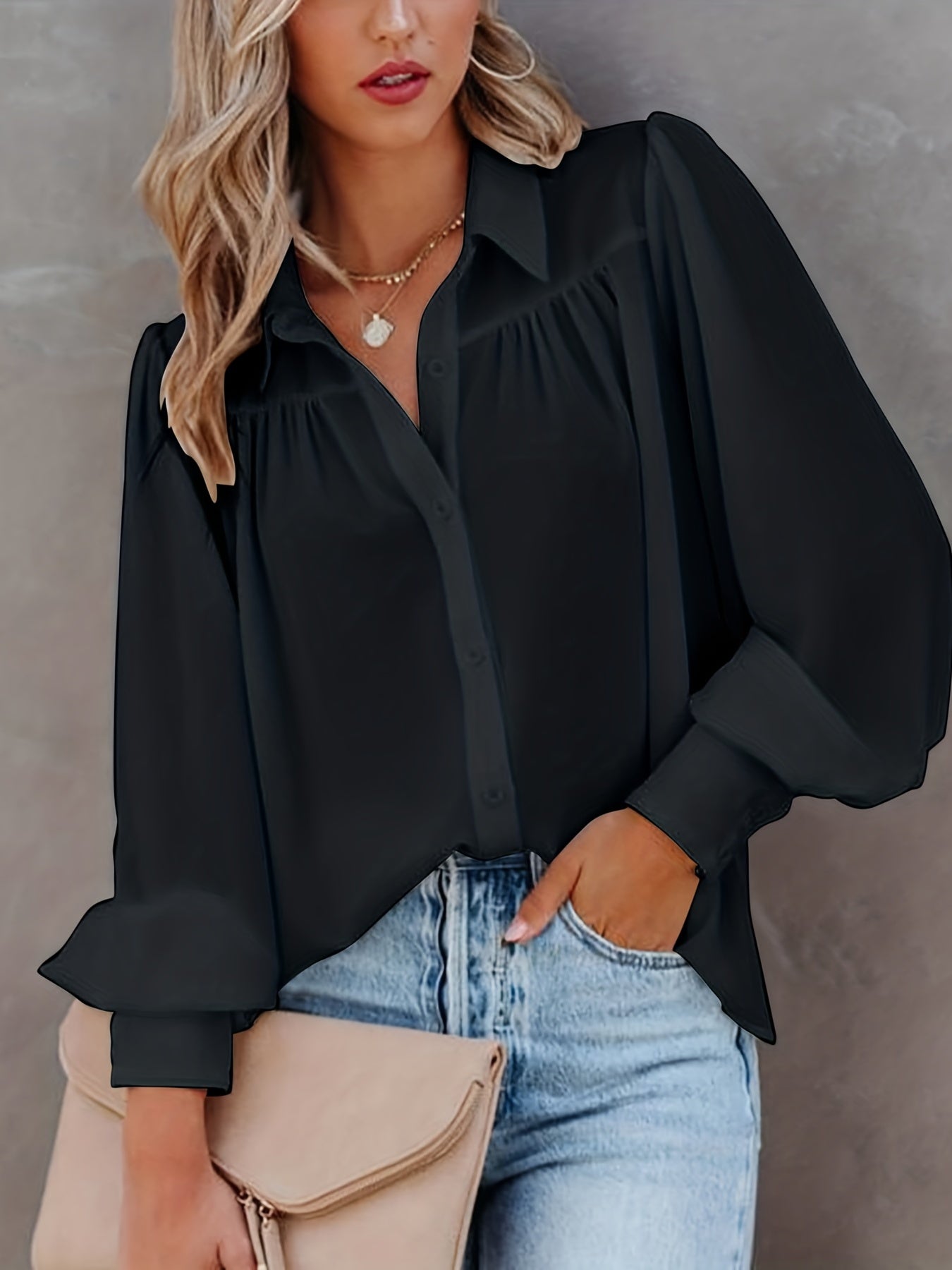 Long Sleeve Button Up Shirt, Loose Casual Top For Spring & Fall, Women's Clothing