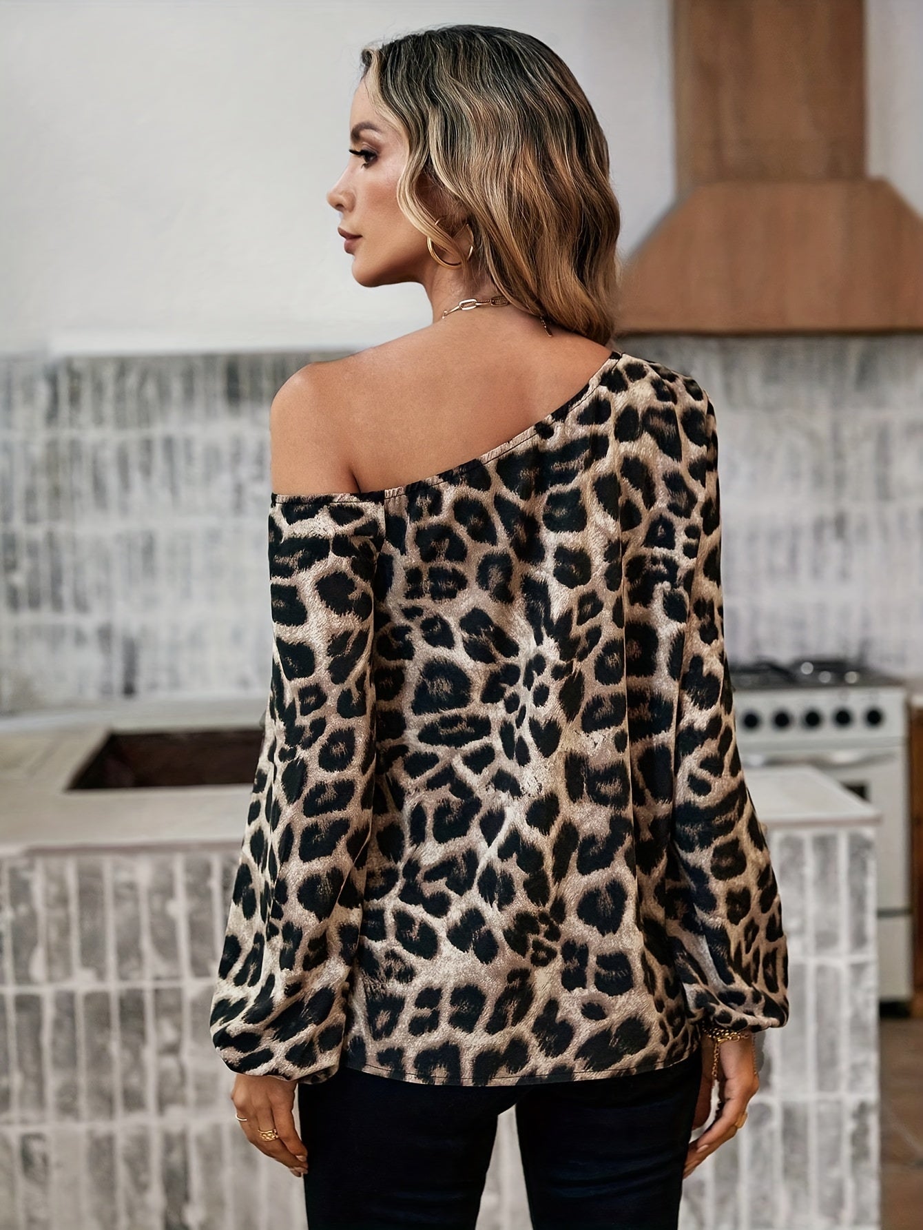 Leopard Print Cold Shoulder Blouse, Casual Long Sleeve Blouse For Spring & Fall, Women's Clothing