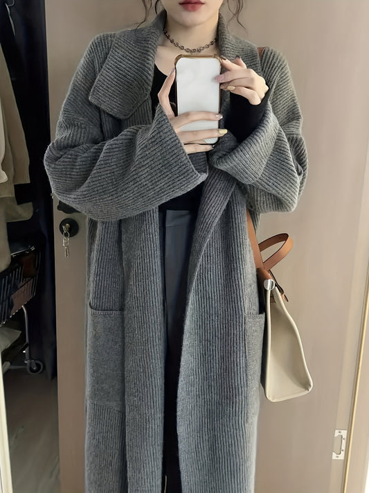 xieyinshe  Solid Open Front Oversized Knit Cardigan, Casual Turndown Collar Long Sleeve Sweater Coat, Women's Clothing