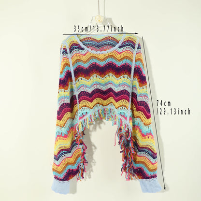 xieyinshe  Colorful Hollow Out Shawl Personality Round Neck Tassel Long Sleeves Knitted Shawl Casual Daily Travel Decoration Coat