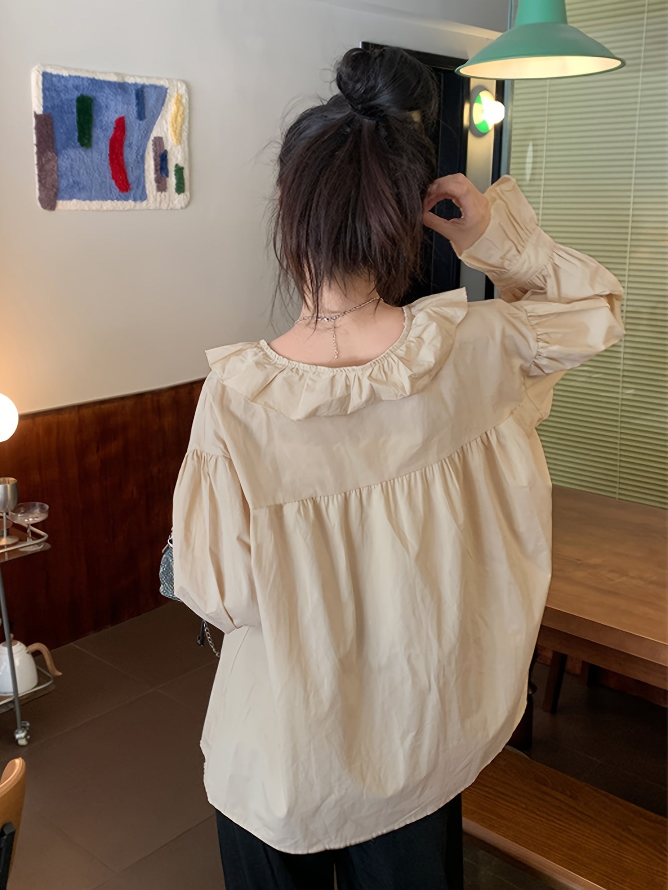 Solid V Neck Ruffle Trim Blouse, Cute Long Sleeve Ruched Blouse, Women's Clothing