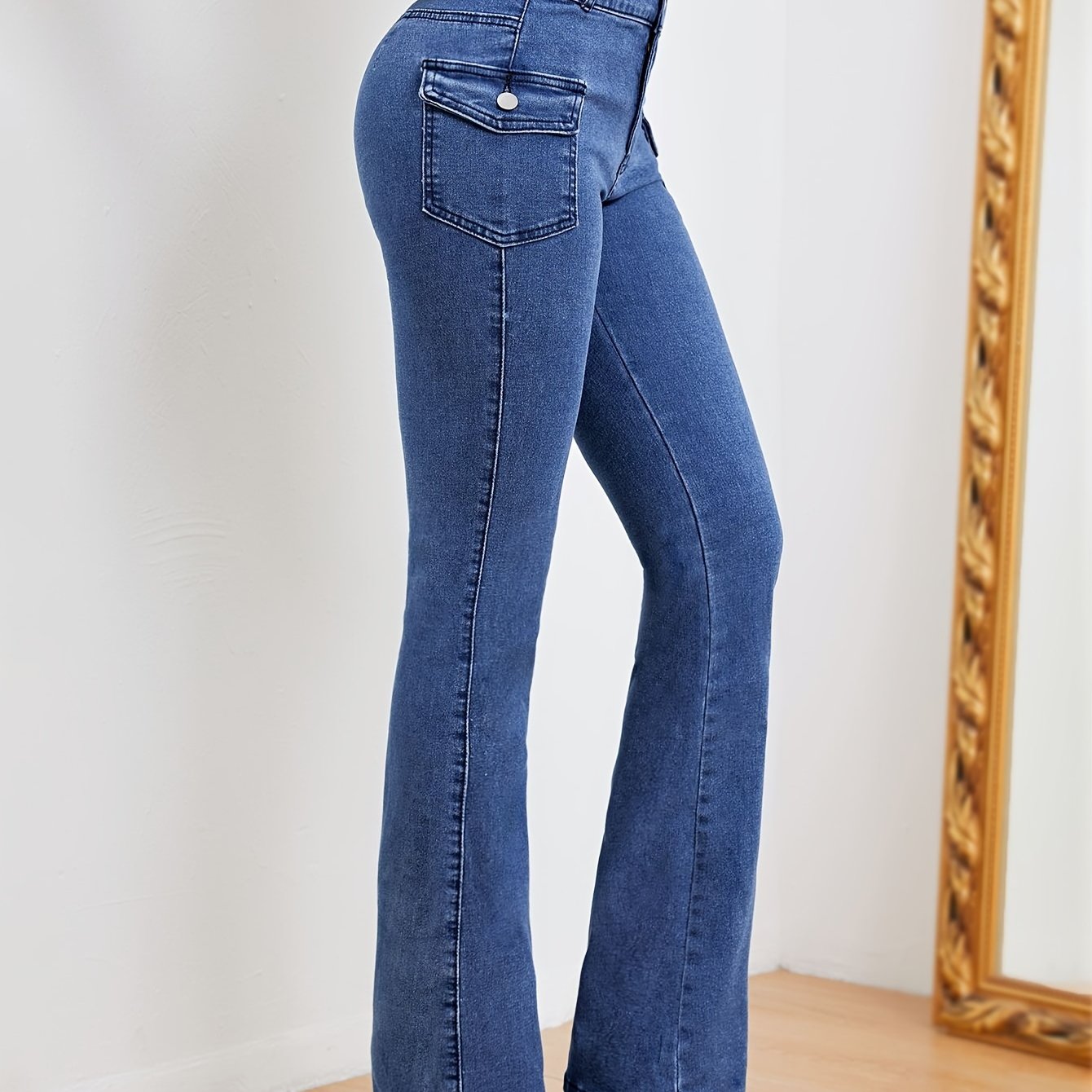 xieyinshe  Plain Flap Pockets Cargo Flare Jeans, High Stretch Mid Waist Bell Bottom Jeans, Women's Denim Jeans & Clothing