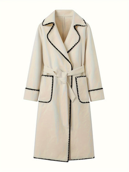 Contrast Trim Pockets Belted Overcoat, Elegant Long Sleeve Outwear For Fall & Winter, Women's Clothing