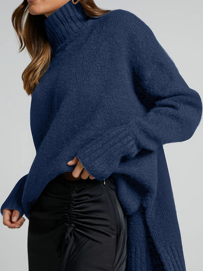 xieyinshe  Solid Turtle Neck Pullover Sweater, Casual Long Sleeve Split Oversized Sweater, Women's Clothing