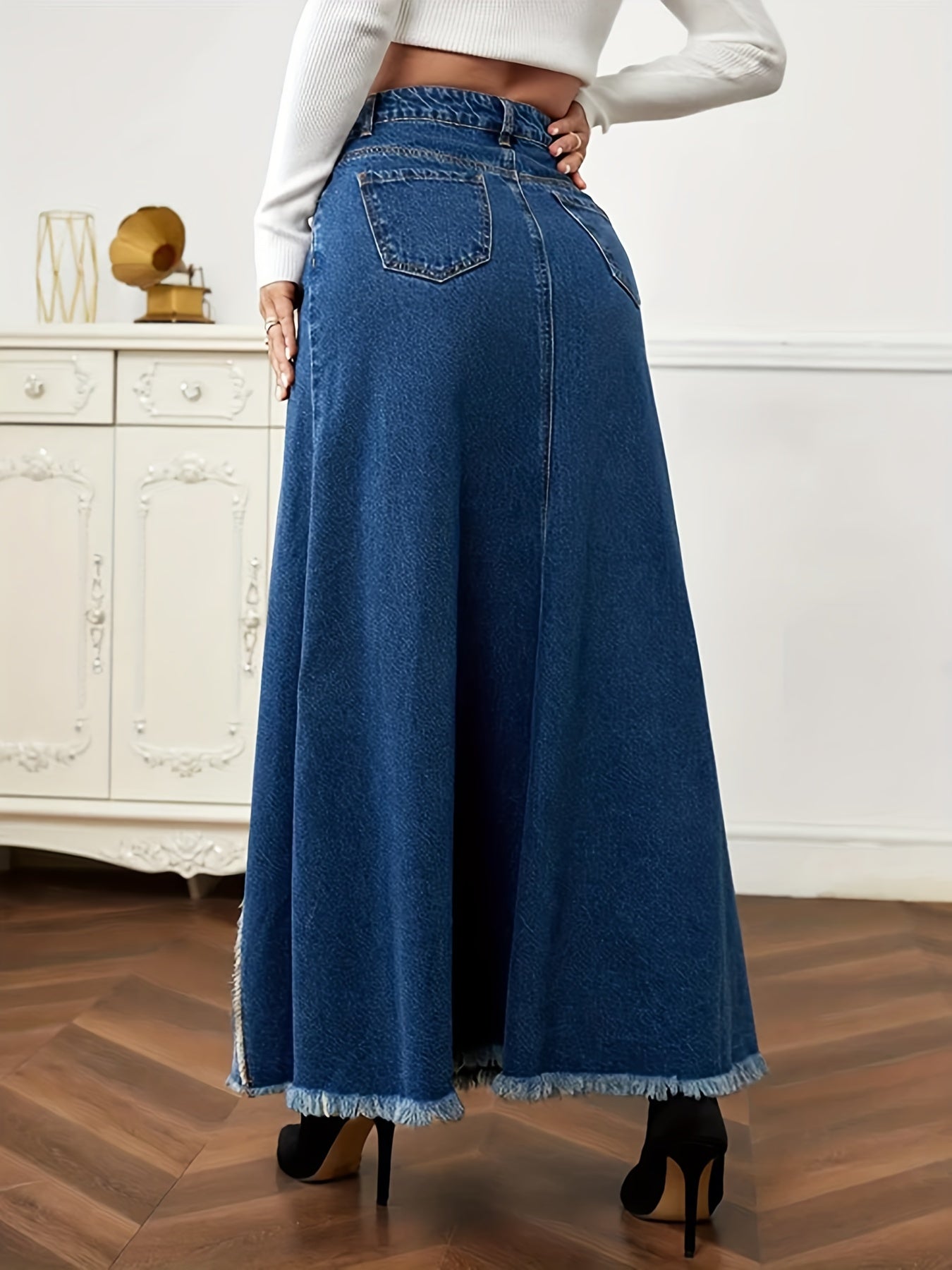 xieyinshe Two Tone Patchwork Denim Midi Skirt, Frayed Hem Slant Pockets Chic Denim Skirt, Women's Denim Clothing