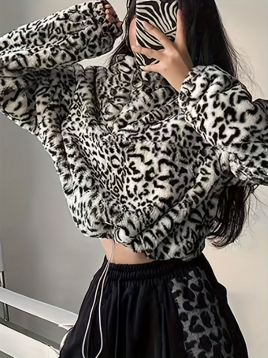 xieyinshe  Leopard Plush Half Zipper Coat, Casual Long Sleeve Drawstring Crop Coat, Women's Clothing