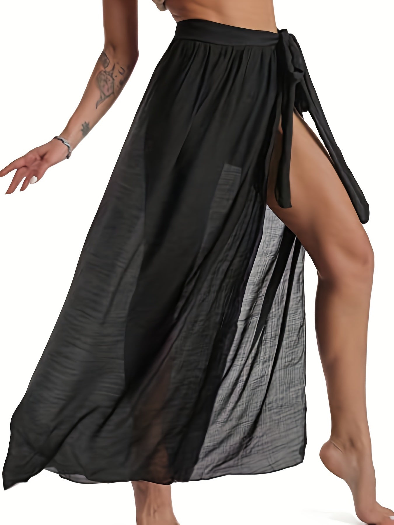 xieyinshe  Solid Color Semi-Sheer Cover Up Wrap, Slight-Stretch Casual Beach Cover Up Skirt, Women's Swimwear & Clothing