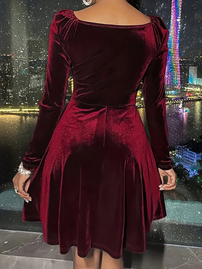 Solid Velvet Surplice Neck Dress, Casual Cinched Waist Long Sleeve Dress, Women's Clothing