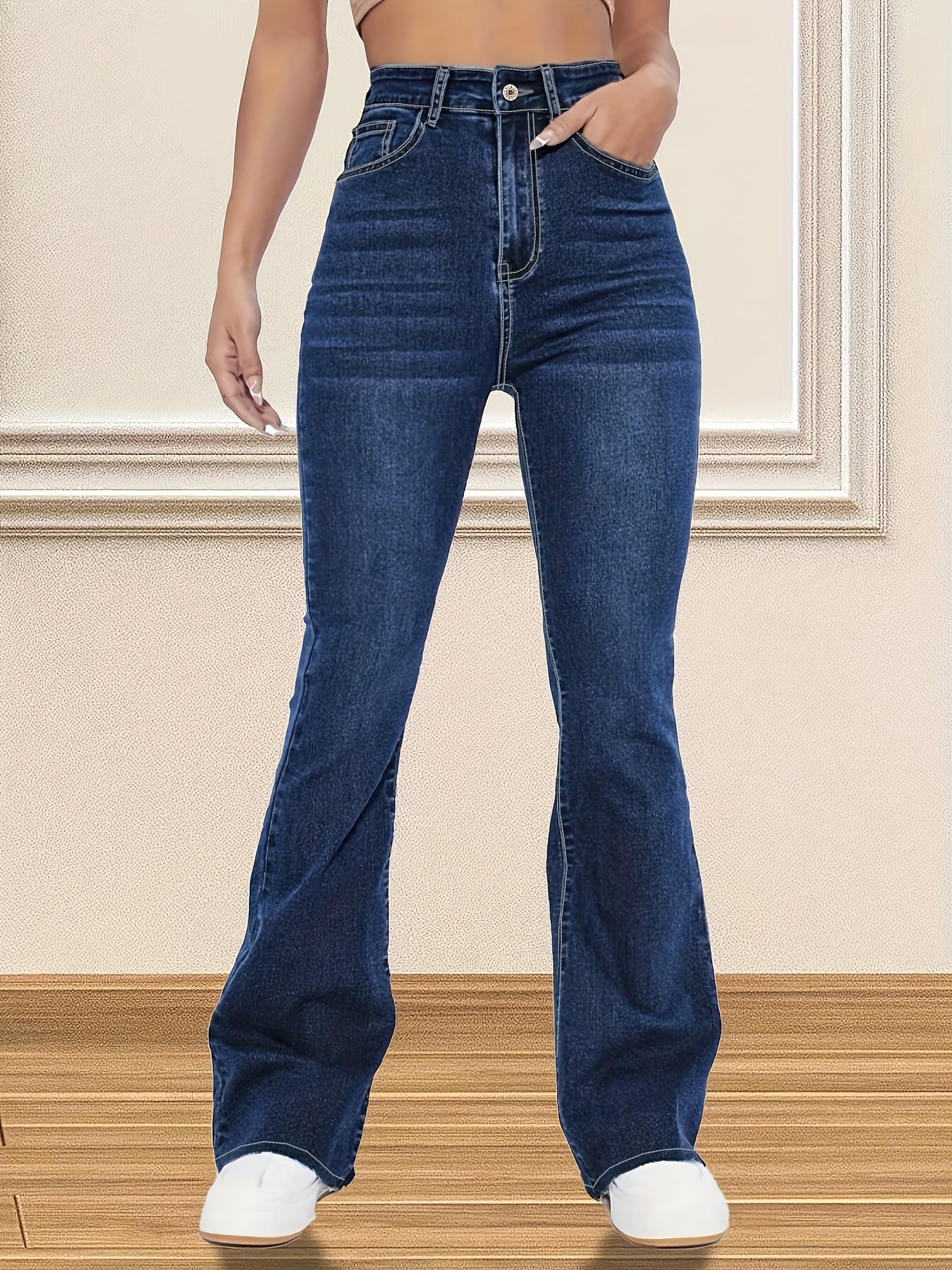 xieyinshe  Plain Blue Whiskering Stylish Flare Leg Jeans, High Rise Stretchy Stylish Denim Pants, Women's Denim Jeans & Clothing