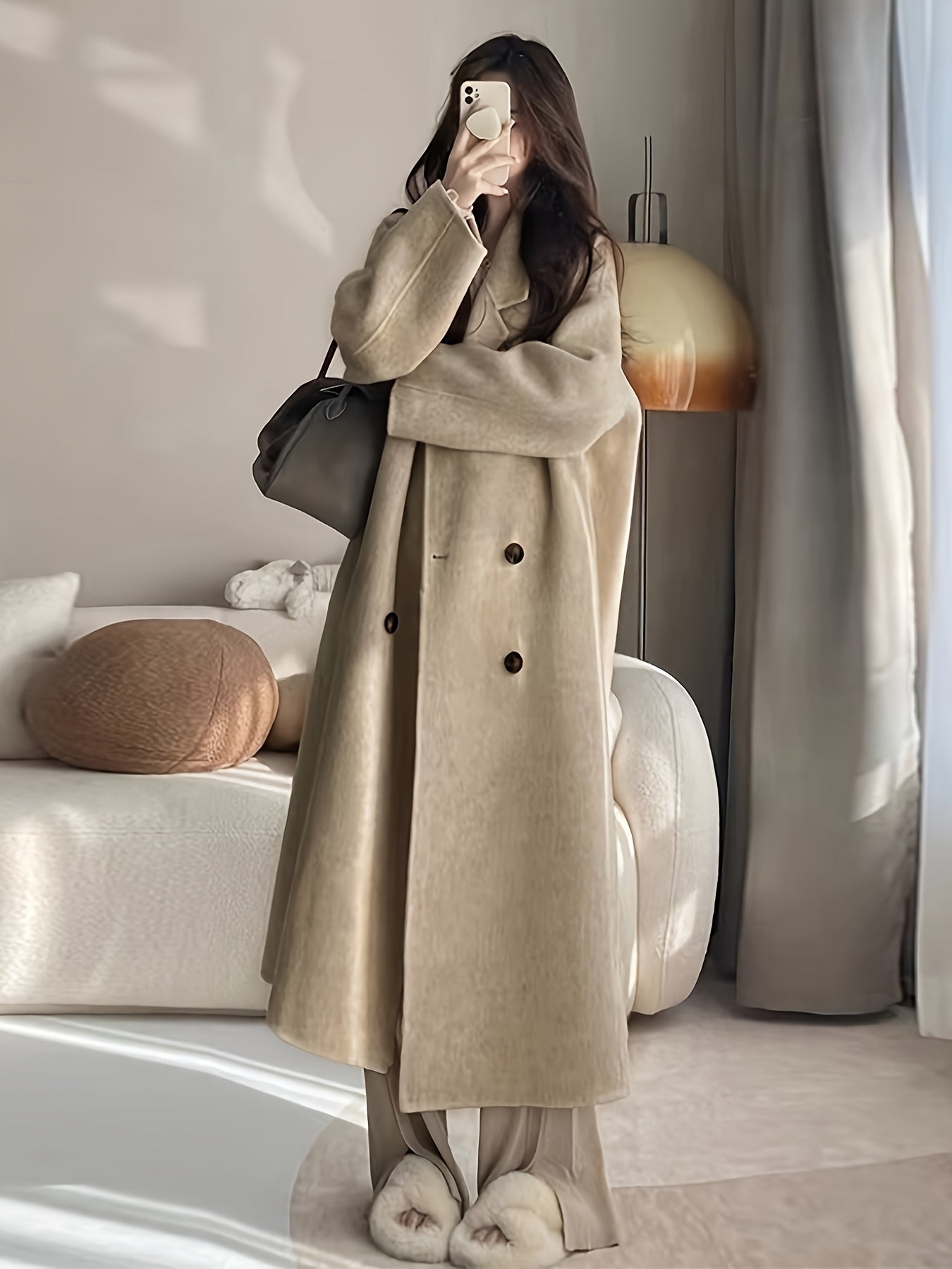 xieyinshe  Solid Double Breasted Belted Overcoat, Elegant Lapel Long Sleeve Pockets Outwear For Fall & Winter, Women's Clothing