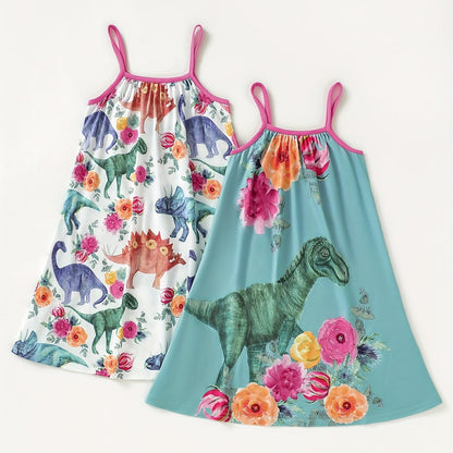 2-Piece Adorable Dinosaur & Floral Print Cami Dress Set - Breathable, Comfortable Cotton - Perfect for Summer Adventures and Parties