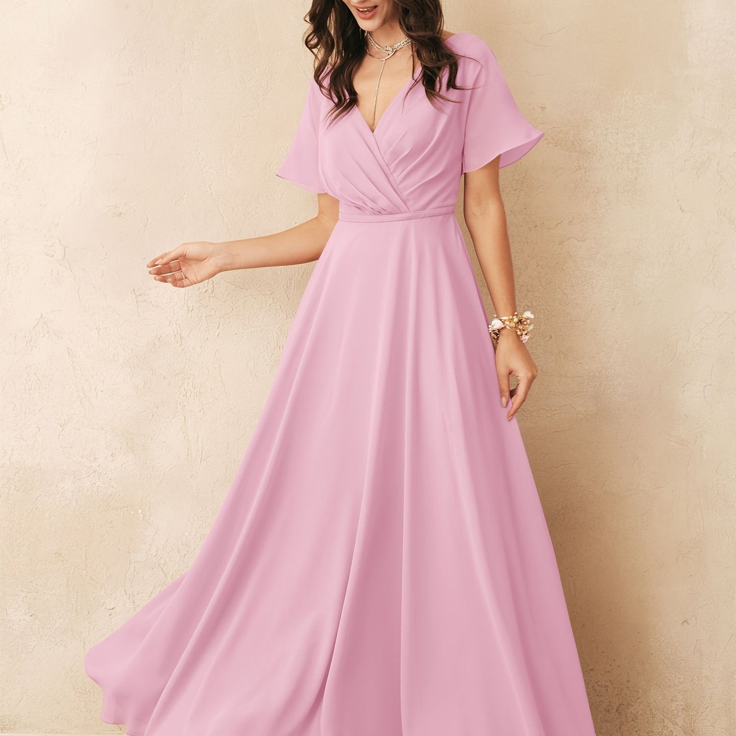 ALICEPUB Wrap V-Neck Bridesmaid Dress Chiffon Long Maxi Formal Dress For Women Party Evening Short Sleeves