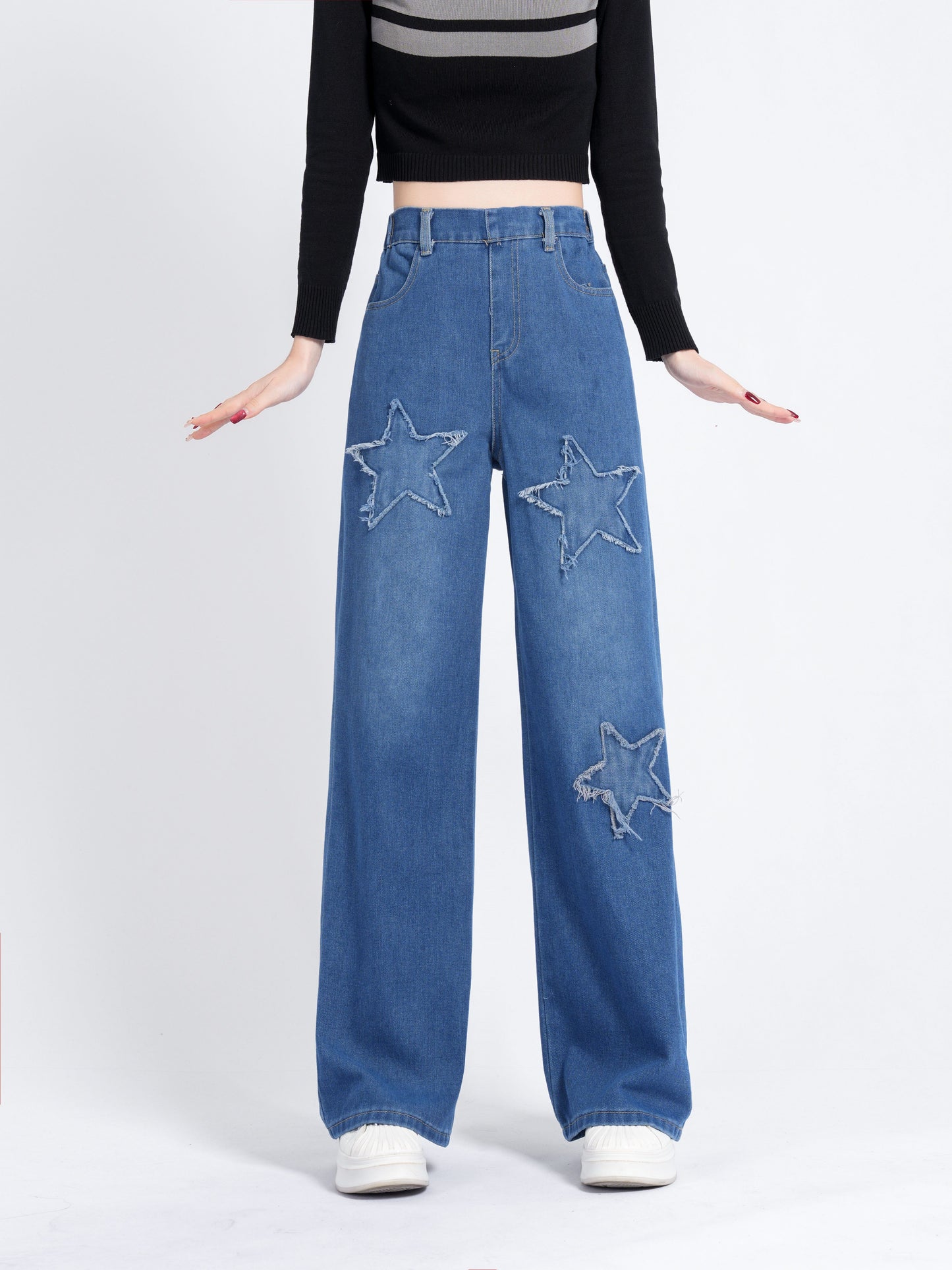 xieyinshe  Star Patchwork Wide Leg Jeans For Girls, Casual Versatile Straight Denim Trousers