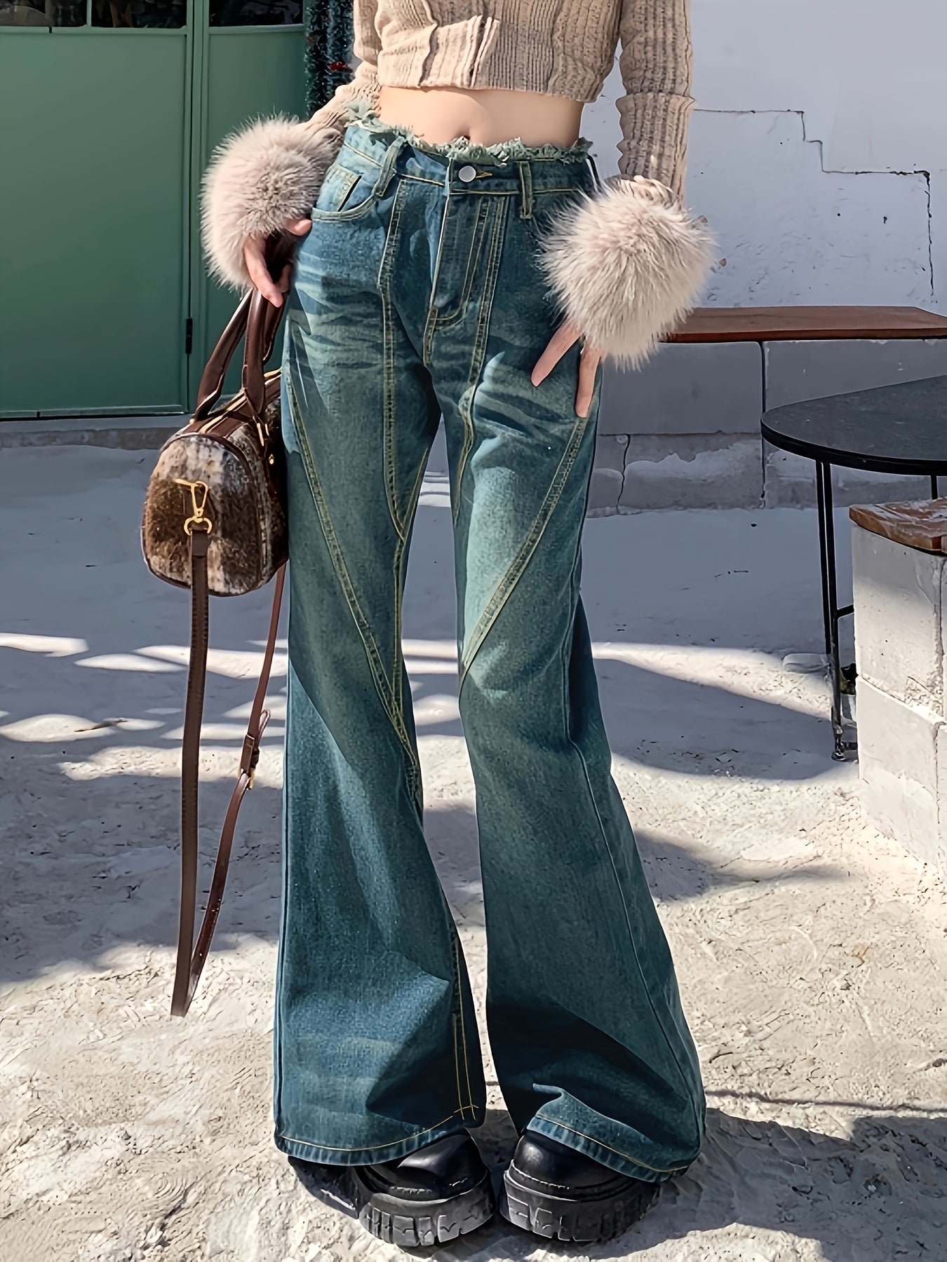 xieyinshe  Women's Vintage Distressed Denim Jeans, Frayed Hem Flared Trousers, Casual Loose Wide Leg Pants, Slimming Washed Jeans