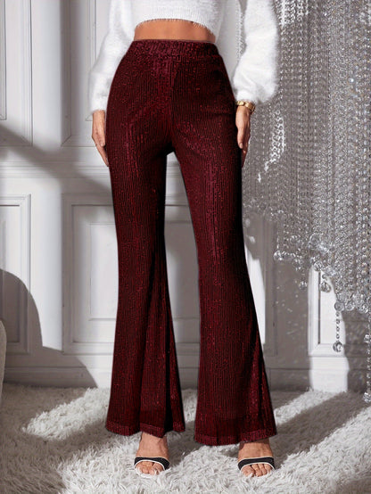 xieyinshe  Sequined Solid Flare Leg Pants, Elegant High Waist Fashion Pants, Women's Clothing