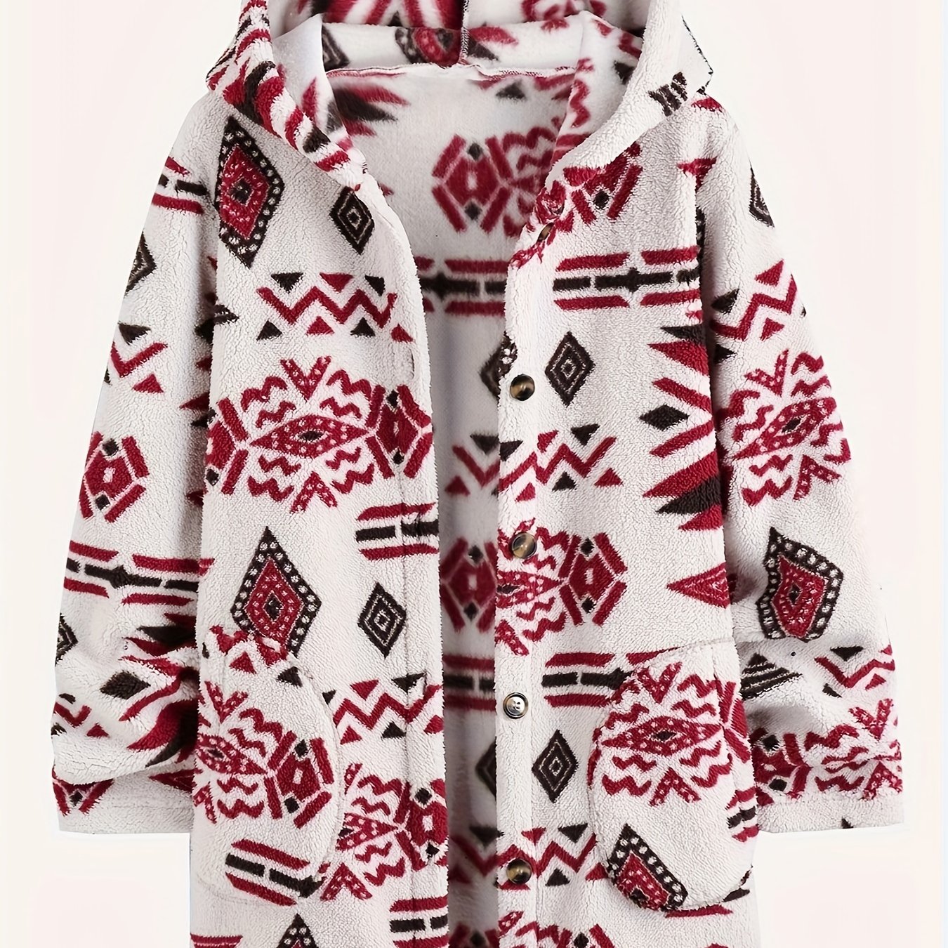 Aztec Print Hoodie Plush Coat, Casual Slant Pockets Button Front Outerwear, Women's Clothing