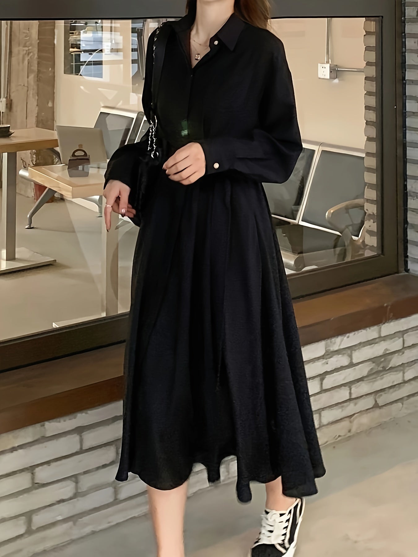 xieyinshe  Solid Lapel Neck Belt Dress, Elegant Long Sleeve Flare Midi Dress, Women's Clothing