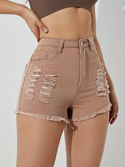 Raw Hem Short Denim Pants, Ripped Holes Slash Pockets High Waist Distressed Denim Shorts, Women's Denim Jeans & Clothing