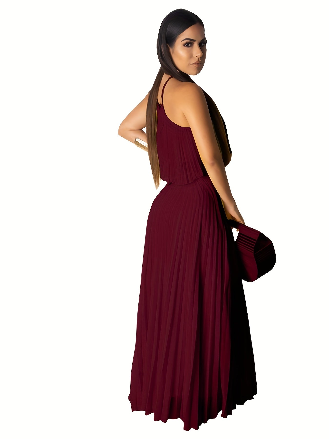 xieyinshe  Solid Pleated Two-piece Set, Spaghetti Sleeveless Top & High Waist Maxi Skirts Outfits, Women's Clothing