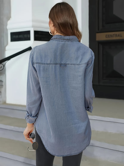xieyinshe  Long Sleeves Lapel Denim Shirt, Patched Pockets Single Breasted Button Denim Top, Women's Denim Clothing