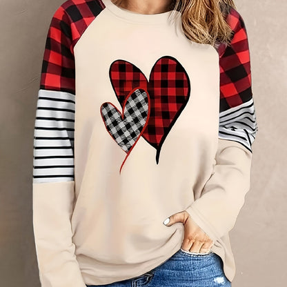 xieyinshe  Stripe & Plaid Heart Print Sweatshirt, Casual Long Sleeve Sweatshirt For Spring & Fall, Women's Clothing