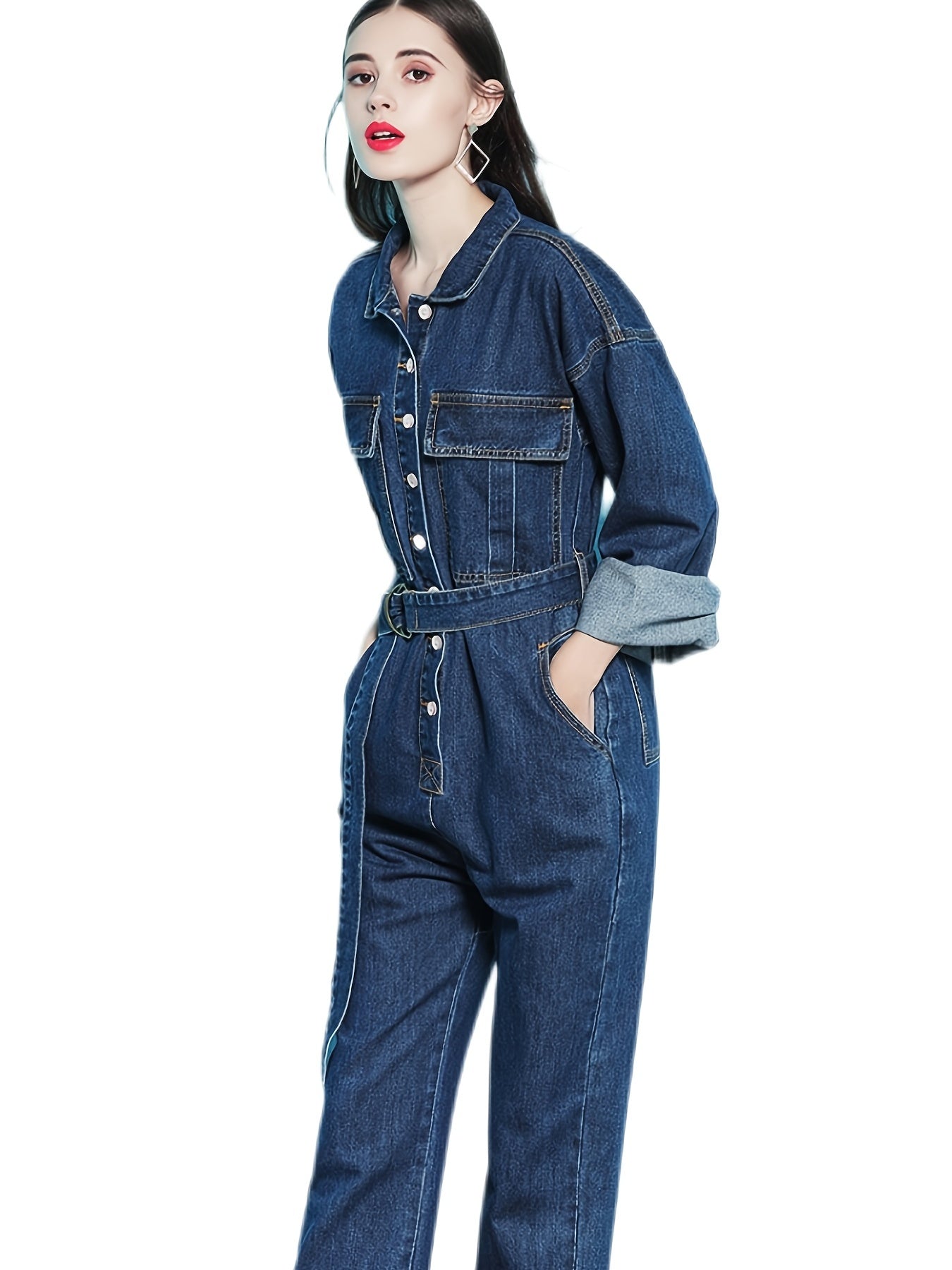 Blue Elastic Band Waist Denim Jumsuit, Long Sleeve Flap Pockets Loose Fit Closure Button Denim Overalls, Women's Denim & Clothing