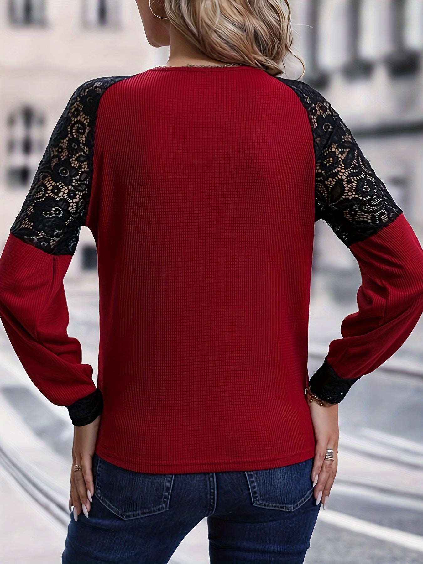 xieyinshe  Lace Stitching V Neck T-Shirt, Elegant Long Sleeve Top For Spring & Fall, Women's Clothing