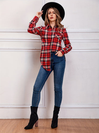 Plaid Print Polo Collar Slit Blouse, Casual Long Sleeve Blouse For Spring & Fall, Women's Clothing