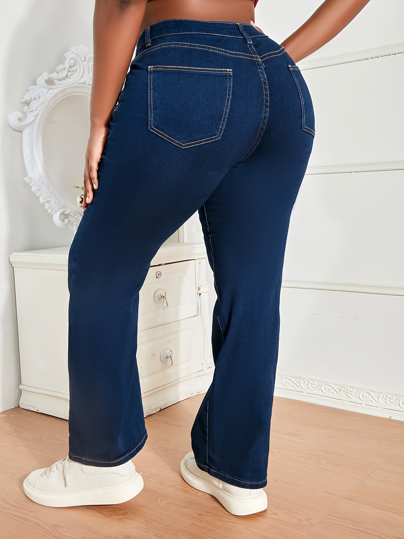 xieyinshe  Plus Size Casual Jeans, Women's Plus Solid Button Fly High Stretch Flared Leg Jeans