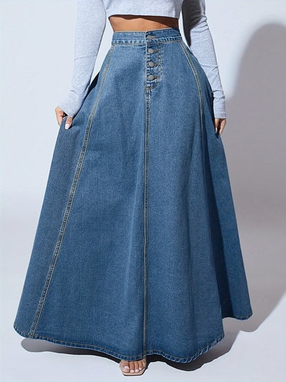 xieyinshe  Single-breasted Button Denim Midi Skirt, High Waist A-line Vintage Elegant Denim Skirts, Women's Denim Clothing