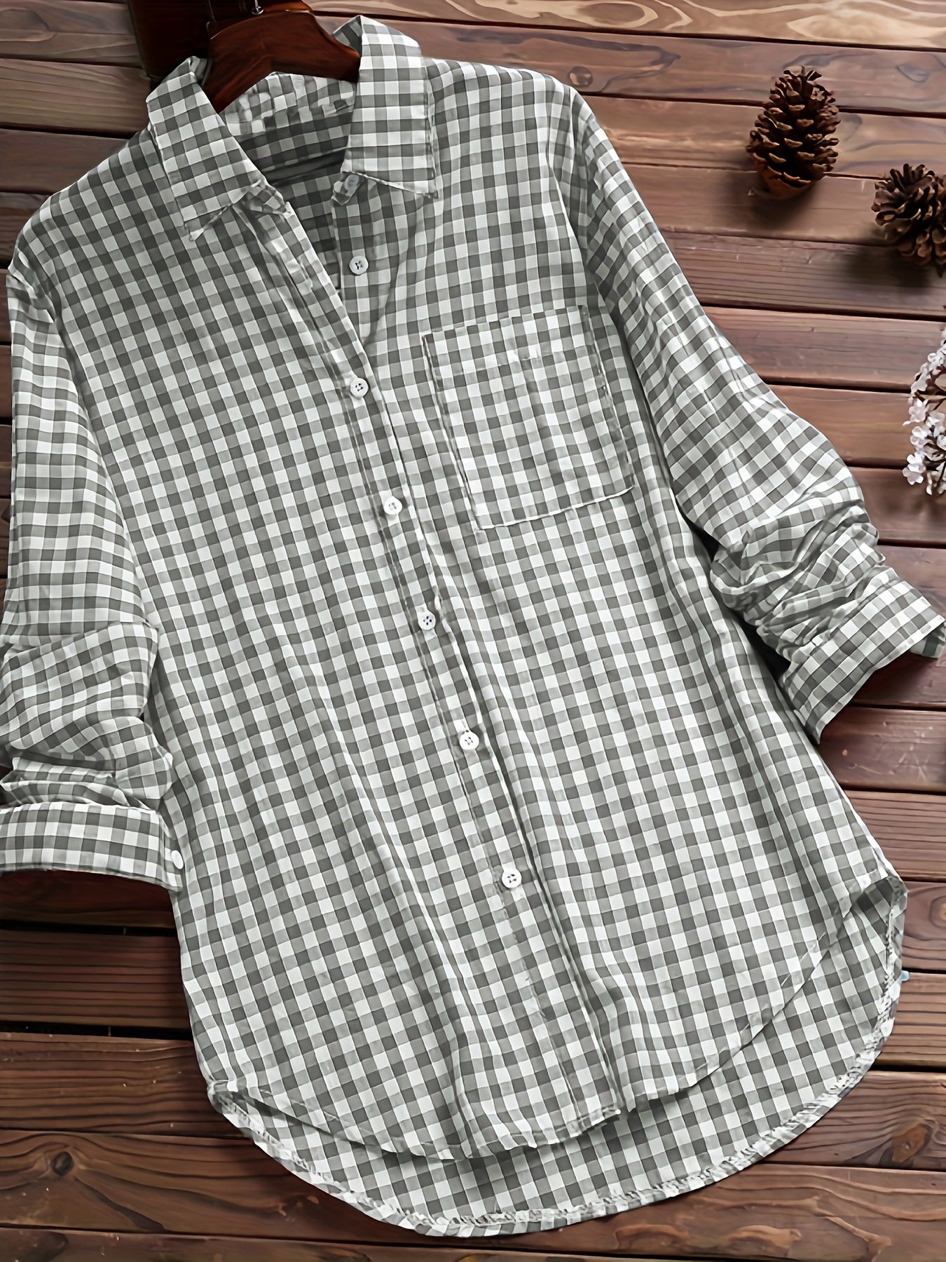 Gingham Print Classic Shirt, Vintage Button Front Long Sleeve Shirt With A Collar, Women's Clothing