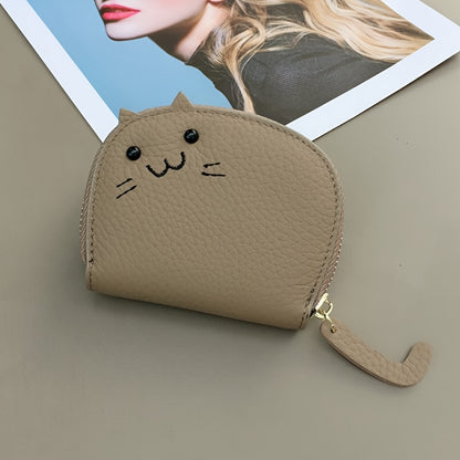 Compact & Chic Genuine Leather Cat-Design Wallet - Secure Zipper, Polyester Lined Coin Purse, and Sleek Card Holder