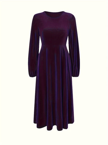 xieyinshe Plus Size Elegant Dress, Women's Plus Solid Velvet Lantern Sleeve Round Neck Dress