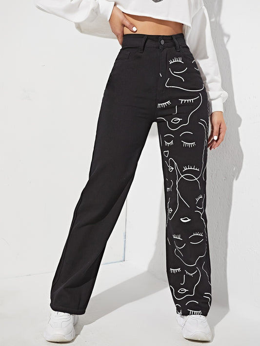 xieyinshe Abstract Face Print High Rise Denim Pants, Black Slash Pocket Street Style Unique Straight Denim Pants, Women's Denim Jeans & Clothing