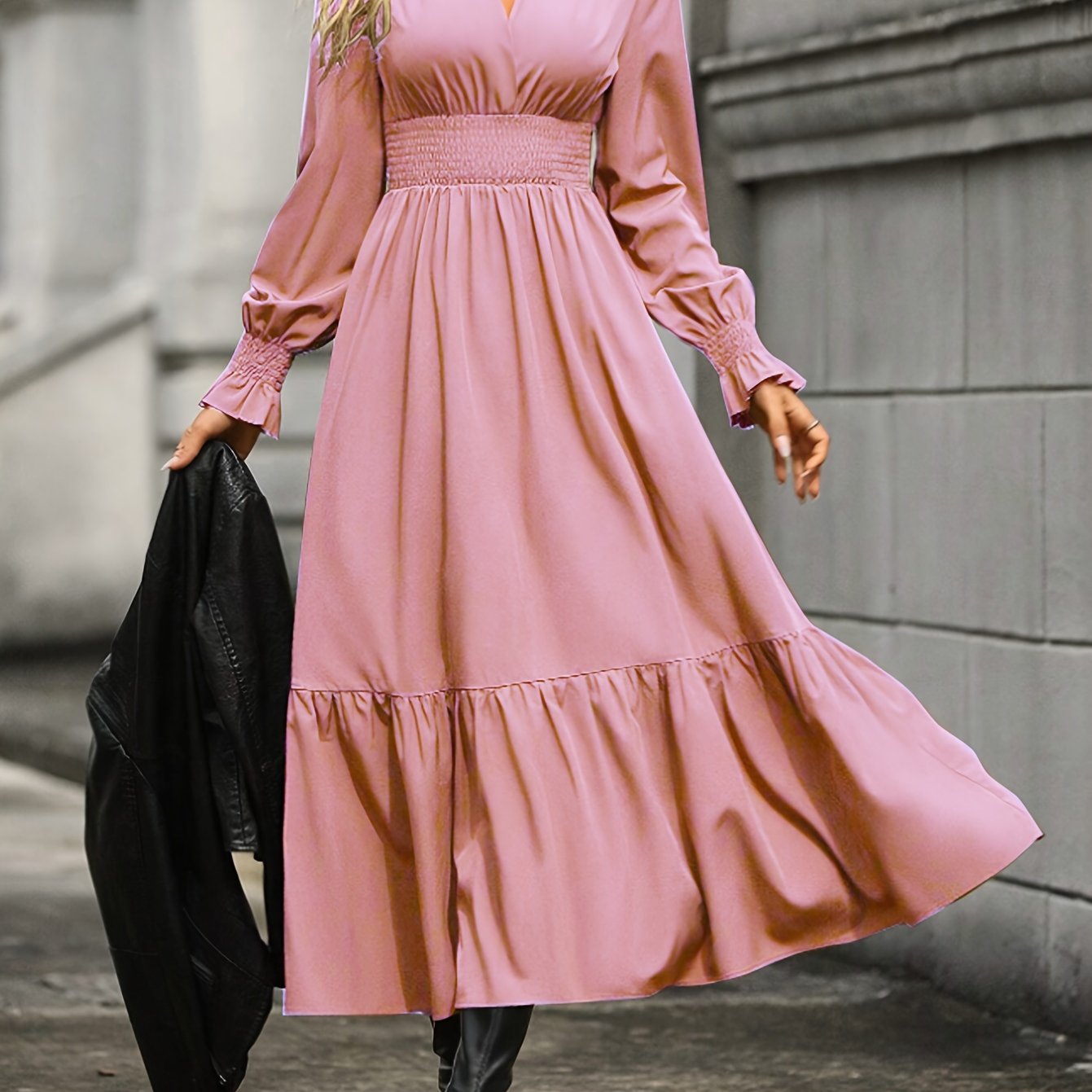 xieyinshe  Shirred High Waist Solid Dress, Elegant V Neck Long Sleeve Dress, Women's Clothing